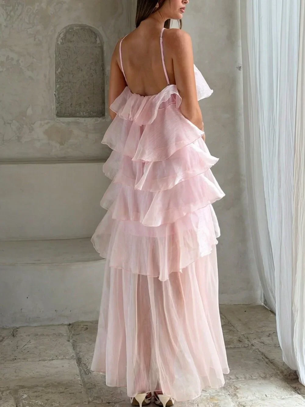 Pink Elegant Bohemian Women's Party Halter Dress with Layered Ruffle - Picture 2 of 8
